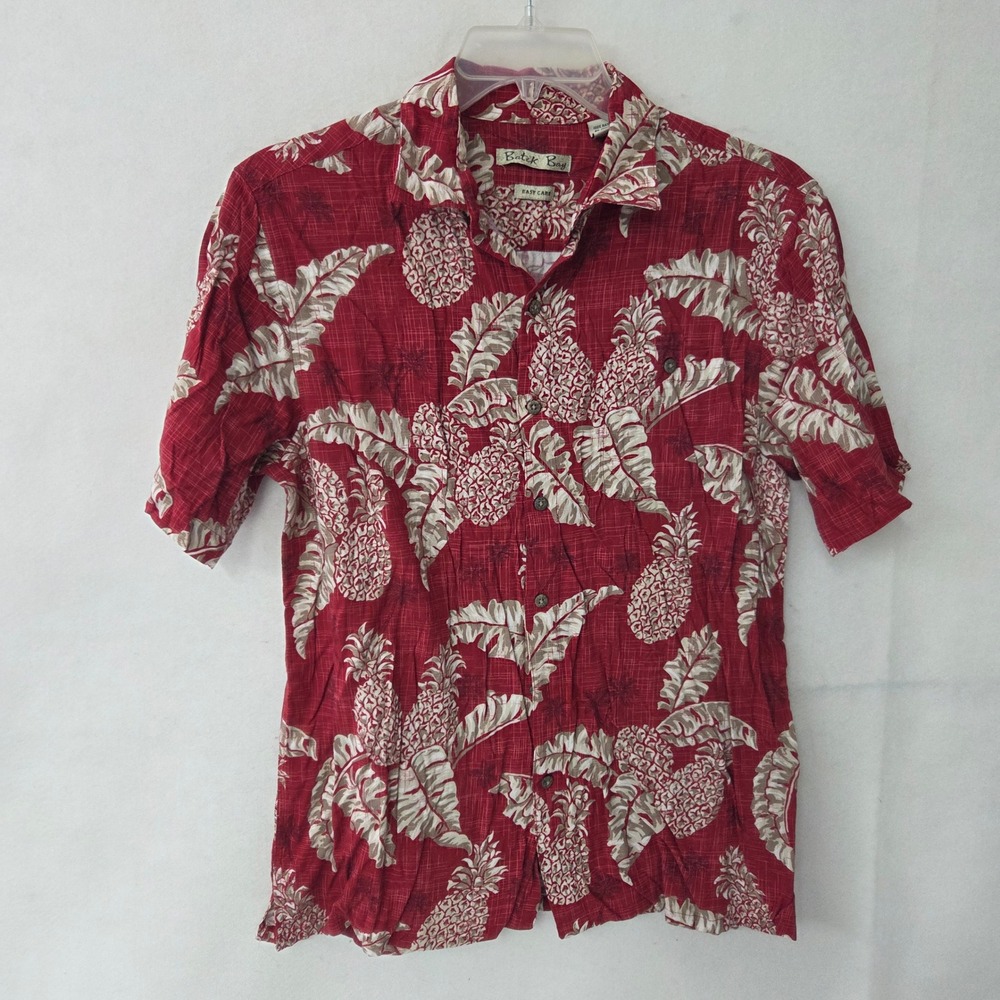 Batik‎ Bay Shirt Mens Red Pineapple Tropical Hawaiian Button Up Size L Rayon